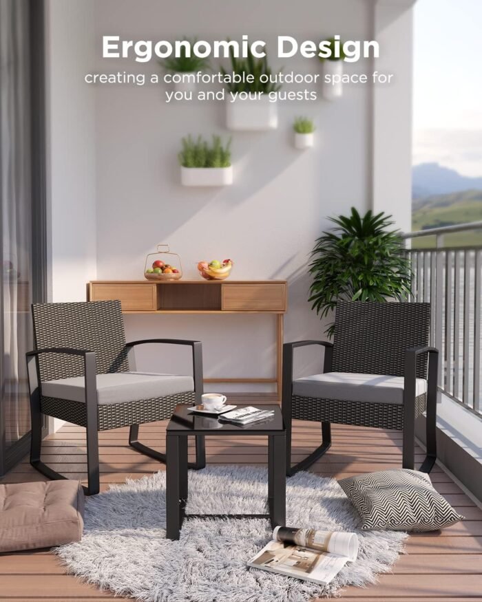 The durable PE rattan chairs in the patio furniture set, built for long-lasting use in various outdoor conditions.