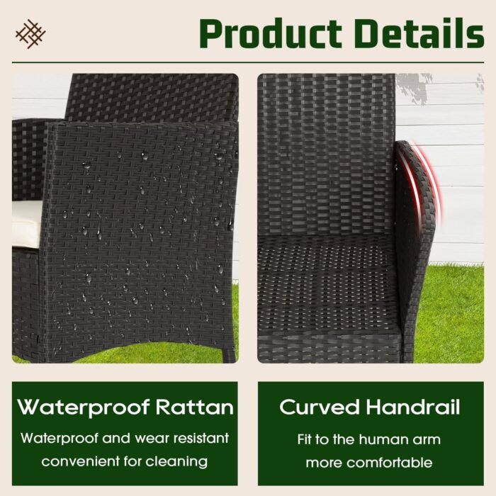 The sleek and modern glass-top table complementing the wicker rattan chairs in the patio furniture set.