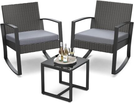 The sleek glass table included in the patio furniture set, offering functionality and elegance for any outdoor setting.