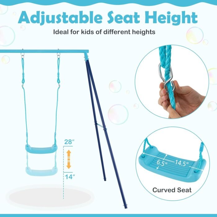Swing set demonstrating the spacious 72" x 55" x 67" dimensions for comfortable, uninterrupted swinging.