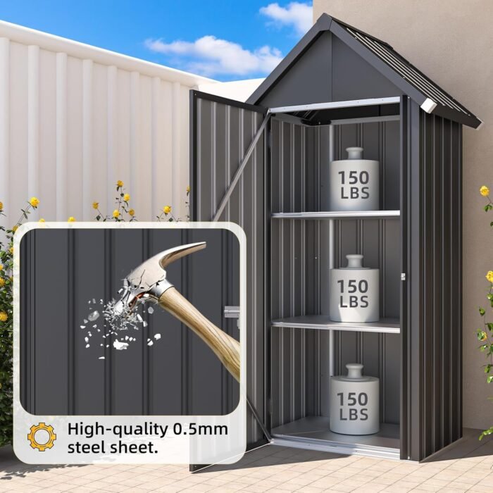 storage shed interior view showing the 3 adjustable shelves for customizable organization of tools and supplies.