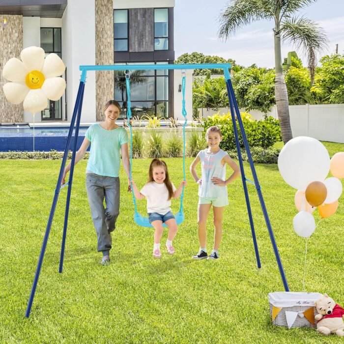 Swing set focusing on the U-shaped seat design for comfort and anti-slide safety features.